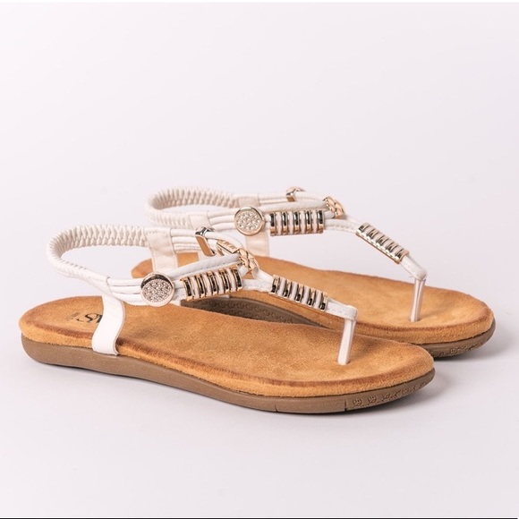 Shoes - Boho Thong T-Strap White Sandals